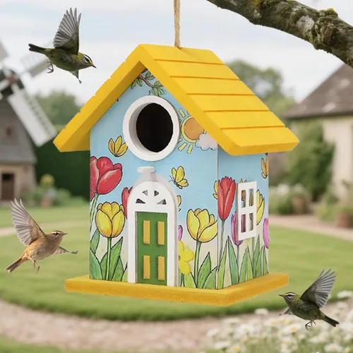 Miniatura 7 de Casas de madera para pájaros para exteriores, casa de pájaros de madera amarilla para exteriores, tulipanes pintados a mano, casas de pájaros