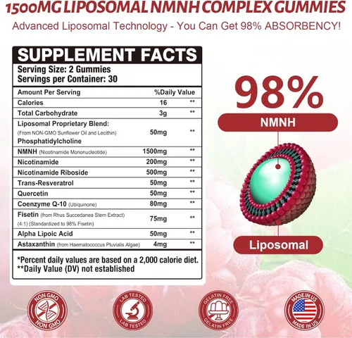 Miniatura 2 de 1500MG Liposomal NMN Supplement NMNH Gummies-NAD Supplement to Boost NAD+, Nicotinamide Riboside ＆ Quercetin, Improve Energy Levels ＆ Enhance