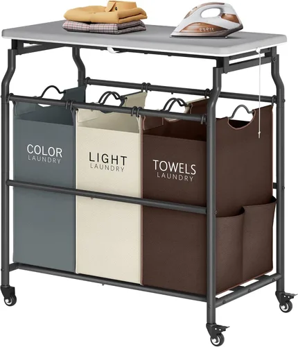 Miniatura 12 de Hoctieon Carrito clasificador de ropa de 3 secciones con tabla de planchar, cesta de lavandería con estante y ruedas rodantes, organizador de cesta