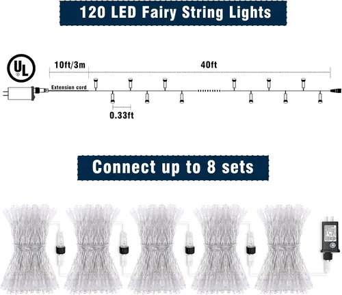 Miniatura 5 de Guirnalda de 120 luces LED rojas impermeables para exteriores, luces de Navidad rojas de 40 pies, 8 modos, cable transparente, guirnalda de luces