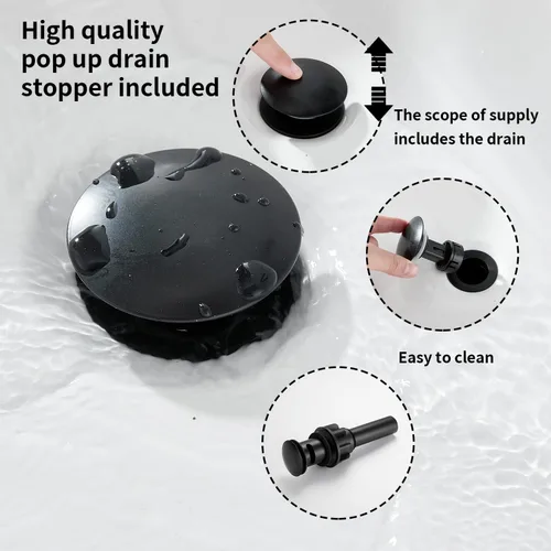 Miniatura 7 de Grifo de baño negro mate con 2 asas de 4 pulgadas, juego central de tocador de baño negro con montaje de drenaje y manguera de suministro grifo