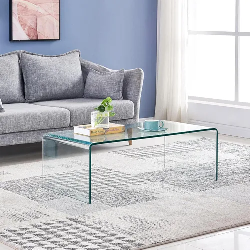 Miniatura 8 de Mesa de café de vidrio SMARTIK, mesas de café ámbar modernas para sala de estar, pequeña mesa auxiliar rectangular de vidrio templado con efecto