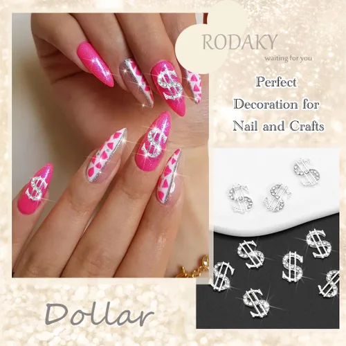 Miniatura 6 de RODAKY 10 dijes de uñas de dólares plateados 3D, dijes brillantes para uñas, joyas de uñas de lujo, diamantes de imitación para uñas acrílicas