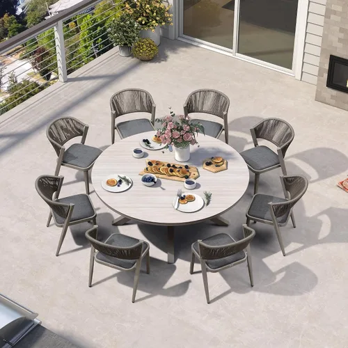 Miniatura 46 de PURPLE LEAF Juego de comedor redondo de 5 piezas de gran tamaño, marco de aluminio y mimbre de ratán para patio, mesa y sillas con cojines