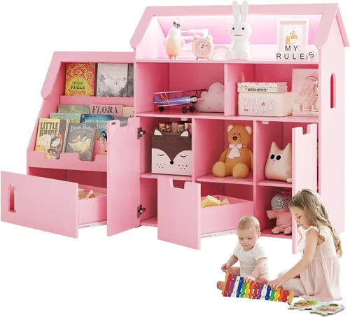 Miniatura 4 de Vabches Organizador de almacenamiento de juguetes de 70 pulgadas, estantería para niños en forma de castillo con 2 cajones extraíbles, 2 gabinetes
