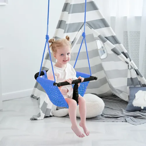 Miniatura 9 de Columpio para niños, hecho a mano, de red, con cuerda ajustable, columpios de árbol para niños, patio trasero, patio trasero, columpios para Azul