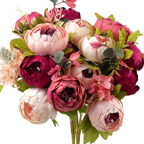 FiveSeasonStuff - Ramos de flores artificiales de peonías y hortensias de seda, rosados y rosados polvorientos, vintage, para decoración de bodas,