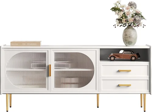 Miniatura 8 de ARTPOWER Soporte de TV moderno de 60" para televisores de 55/60/65 pulgadas, mesa de consola de TV con puertas de vidrio y cajones, centro