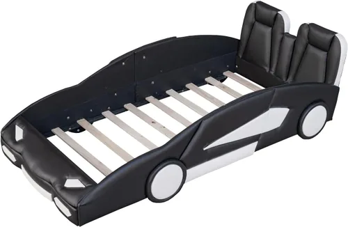 Miniatura 8 de SOFTSEA Cama de auto de carreras de tamaño individual, marco de cama con ruedas en forma de automóvil, marco de cama con barandilla y cabecera