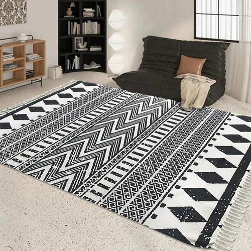 Miniatura 11 de USTIDE - Alfombra de algodón blanco y negro con borla