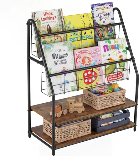 Miniatura 13 de VECELO Estante de almacenamiento para libros de fotos para niños, organizador industrial de pie, estante de exhibición de libros para niños