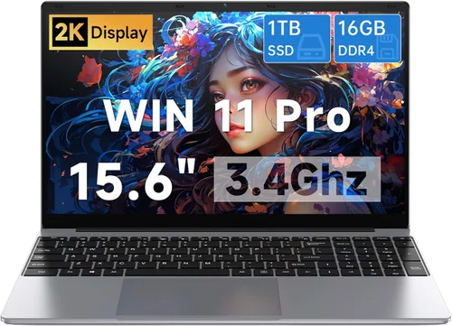 Laptops de 15.6 pulgadas | Computadora portátil Win 11 Pro | 16 GB RAM 1TB SSD | Celeron N100 Quad-Core (3.4GHz) | FHD IPS 1920x1080 | HDMI | Tipo-C