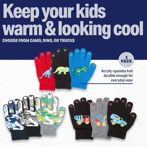 Miniatura 2 de 3 Pack - Magic Stretch Winter Kids Gloves for Boys, Kid & Children, Toddler - Dino, Camo, Trucks