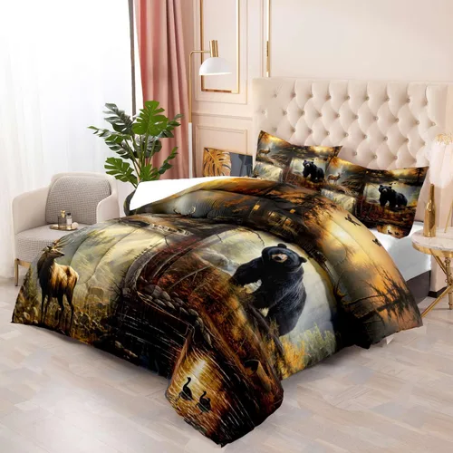 Miniatura 4 de LUVIVIHOME Juego de edredón de 3 piezas con diseño de osos negros y ciervos tamaño King, con estampado de alces, alces, patos Mallard, animales Oso