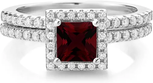Miniatura 23 de 925 Sterling Silver Halo Bridal Ring Band Set for Women 5MM Princess Cut Gemstone Birthstone with Round White Moissanite Accents Wedding