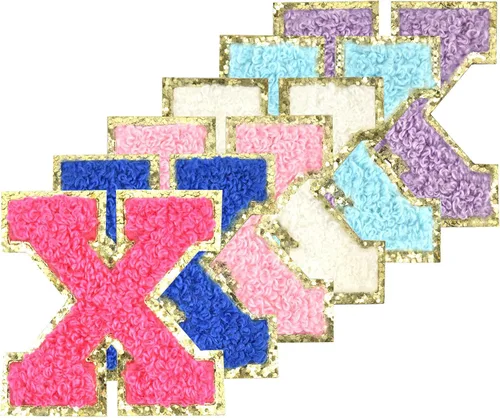 Miniatura 30 de 6 piezas de parches de letras de chenilla autoadhesivas con purpurina para planchar, parches de letras universitarias estilo preppy, letras difusas