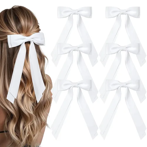 Miniatura 23 de Aileam 2 piezas lazos de cabello de satén sedoso, pinza para cabello, cinta blanca para cabello, sujetador de cola de caballo, accesorios, Blanco