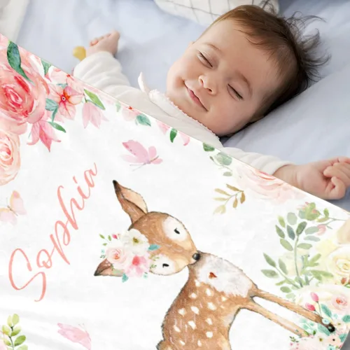 Miniatura 2 de Manta de bebé personalizada de ciervo para niña, manta con nombre personalizado para niñas recién nacidas, manta de franela suave, regalo 8-Deer