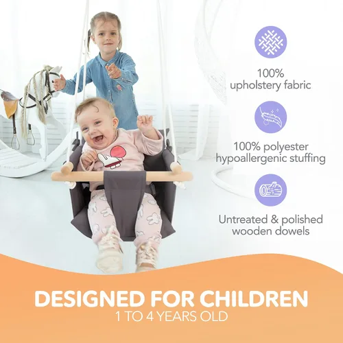 Miniatura 2 de CaTeam Asiento de columpio de lona para bebé con cinturón de seguridad de 5 puntos, columpio colgante de madera para niños pequeños, interior y Gris
