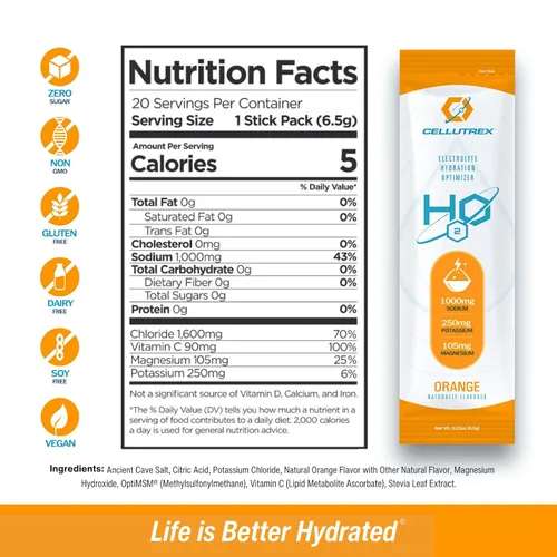 Miniatura 2 de Cellutrex® H2O Electrolytes - Mezcla de bebida en polvo de electrolitos, cero azúcar, paquetes de hidratación de sal natural del Himalaya