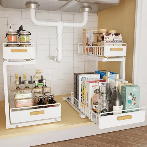 Miniatura 10 de Organizador bajo el fregadero, Organizador de 2 niveles alto y ajustable bajo el fregadero de la cocina, estante de almacenamiento multiuso