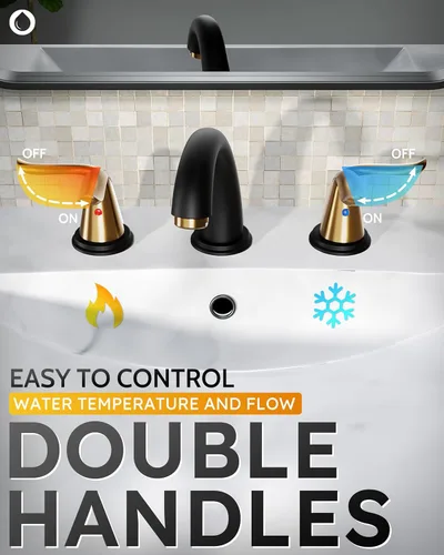 Miniatura 6 de WOWOW Grifo de Baño Extendido Negro y Dorado Grifo de Lavabo de Baño Tocador de 3 Agujeros 2 Manijas Lavabo Grifo Mezclador de 8 Pulgadas