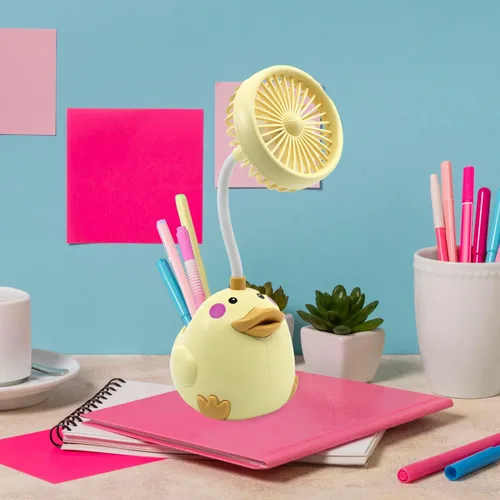 Miniatura 12 de Bonito ventilador de escritorio de pato amarillo con soporte para bolígrafo, ventilador de animales, decoración de pato para oficina, accesorios