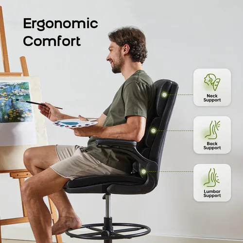 Miniatura 3 de Silla de Dibujo Silla Alta de Oficina con Reposabrazos Abatibles Acolchados, Silla de Escritorio de Pie Ergonómica Ejecutiva para Computadora