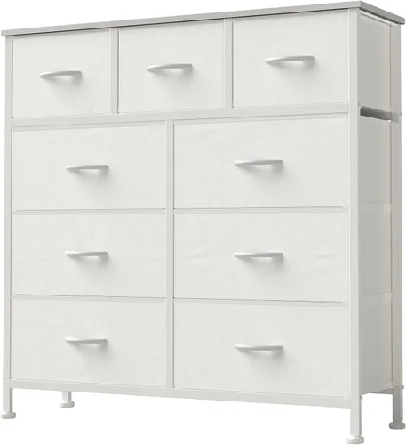 Miniatura 16 de DUMOS Cómoda para dormitorio, organizador de almacenamiento con 9 cajones, cómoda con cubos de tela, marco de metal resistente, mesa de madera
