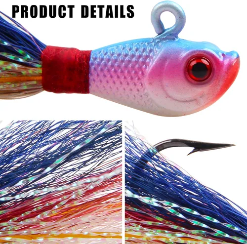 Miniatura 2 de Bucktail Jigs Señuelos de agua salada, 3/5 piezas de jigs de pelo de cola de cubo para la cabeza, señuelos de pesca, kit surtido para lubina