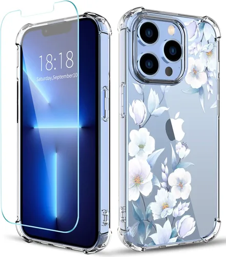 Miniatura 8 de Funda con diseño de patrón de flores para iPhone 13 Pro Max [con protector de pantalla], funda transparente floral para teléfono de mujer a prueba