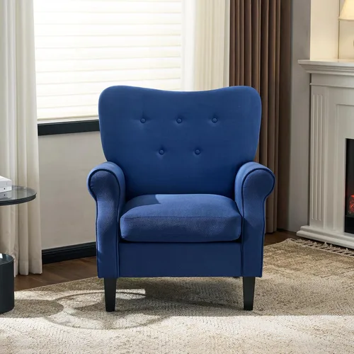 Miniatura 9 de YOLENY Silla decorativa moderna, sillón de respaldo alto, sofá individual tapizado con botones de tela con patas de madera para sala de estar, Azul