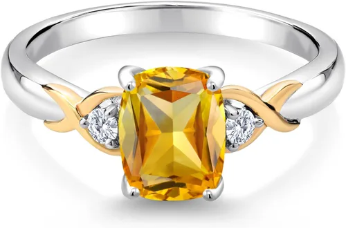 Miniatura 70 de Gem Stone King Anillo de compromiso de 3 piedras preciosas de plata 925 y oro amarillo de 10 quilates de 0.315 x 0.236 in de talla cojín y diamante