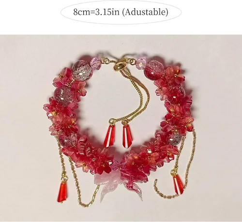 Miniatura 2 de Pulsera de la suerte de circonita con cuentas de cristal rojo y blanco morado para mujer Cadena de aleación ajustable de 7.9-11.8 in, lista