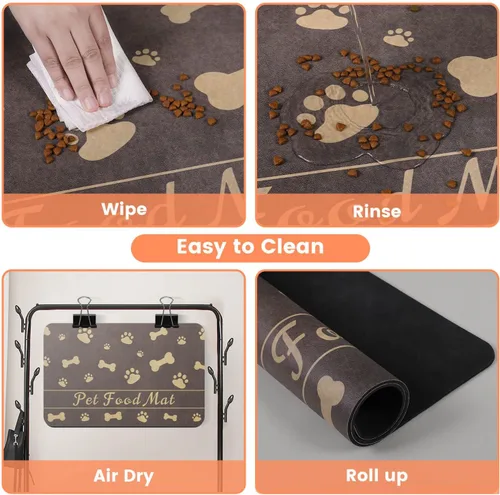 Miniatura 4 de Tapete de Alimentación para Mascotas - Mantel Individual Absorbente para Tazón de Comida y Agua, con Respaldo de Goma Impermeable, Tapete Marrón