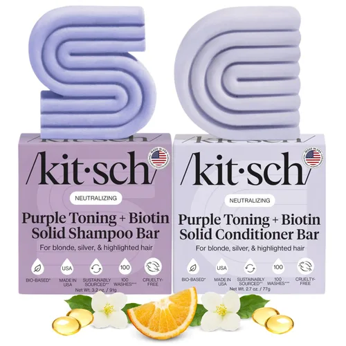 Kitsch Set de champú y acondicionador en barra tonificante púrpura para rubias y cabello teñido – con biotina para fortalecer y neutralizar los