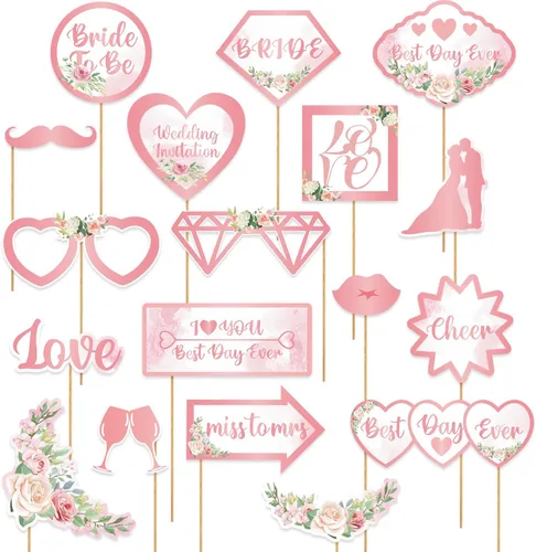 Accesorios para cabina de fotos de boda, decoraciones de despedida de soltera, decoraciones de fiesta de compromiso en oro rosa, rosa con purpurina,