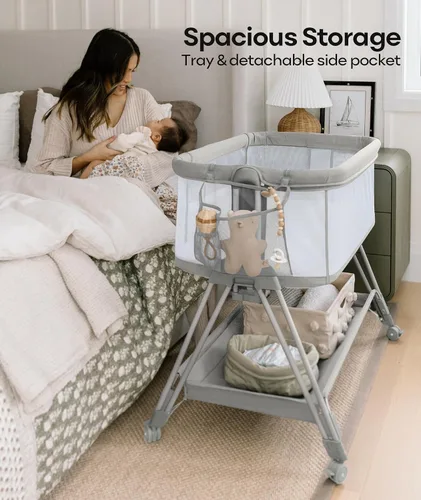 Miniatura 3 de Fodoss Moisés para bebé con ruedas, bandeja de almacenamiento, malla de 4 lados, 7 alturas ajustables, color beige