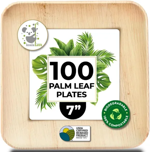 Platos de Hoja de Palma de Bambú Desechables Cuadrados de 7 Pulgadas, Paquete a Granel de 100 para Fiestas, Diseño Elegante y Resistente, Mejores