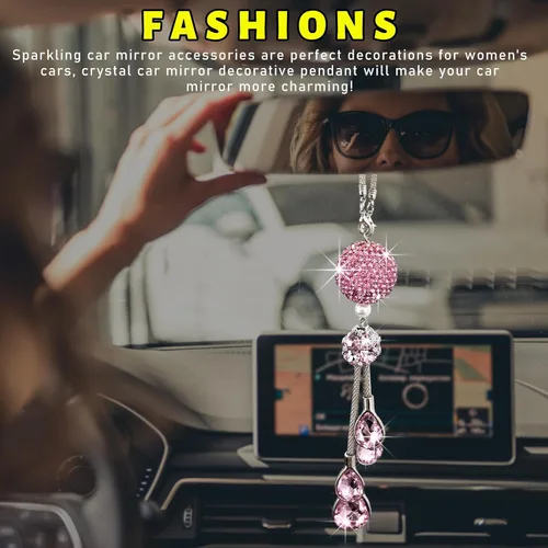 Miniatura 4 de Colgante brillante de bola y gotas para coche, adorno de espejo retrovisor de cristal para mujeres y niñas, accesorios universales brillantes
