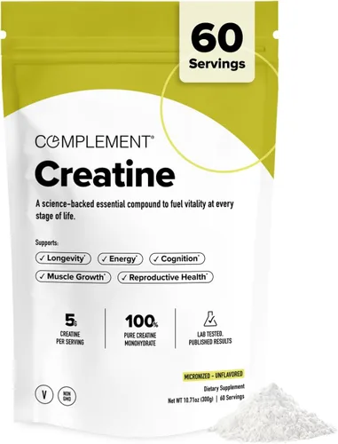 Complement Monohidrato de creatina en polvo micronizado - Pre-entrenamiento, después del entrenamiento, recuperación muscular, salud cerebral,