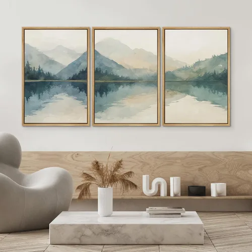Miniatura 4 de SIGNWIN Lienzo enmarcado para pared, juego de arte tranquilo con reflejo de lago, acuarela, montaña y agua, ilustraciones modernas, arte abstracto