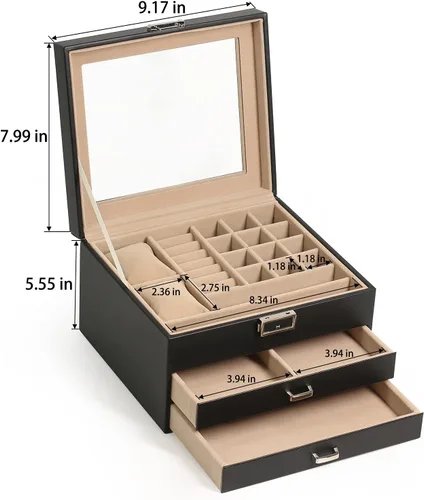 Miniatura 6 de Ogrmar Joyero de piel sintética de 3 niveles con cerradura para hombres y mujeres, vitrina y organizador con tapa de vidrio transparente
