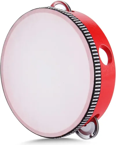 Miniatura 20 de Flexzion Pandereta redonda de madera para niños y adultos de 8" pulgadas, 8 pares de jingles de fila única, instrumento de percusión de mano de Una