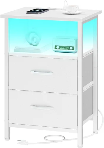 Miniatura 13 de Vagusicc Nightstand with Charging Station, End Table Bedside Table with 2 Fabric Drawers, Black Night Stand with USB Ports & Outlets, 24.2" Tall Bed
