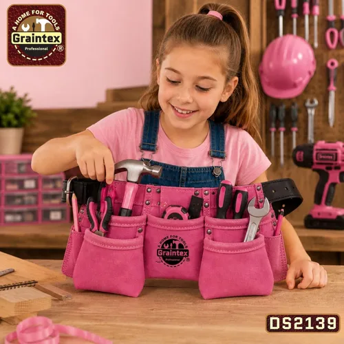 Miniatura 5 de Graintex DS2139: Cinturón portaherramientas de 9 bolsillos para niños en color rosa, cuero de ante, cinturón real para niños, delantal