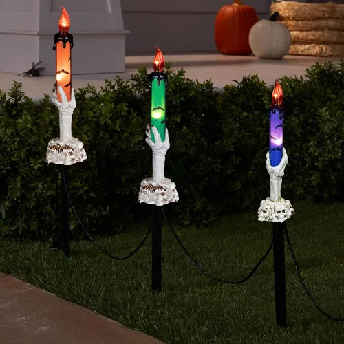 Miniatura 6 de Hourleey Decoraciones de Halloween, paquete de 5 velas de calavera con estacas, funciona con pilas, impermeable, decoración de camino