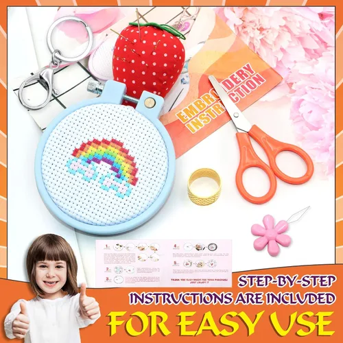 Miniatura 7 de ZOCONE 12 kits de punto de cruz para niños de 7 a 13 años, kits para principiantes con instrucciones, llaveros, aros y herramientas de bordado
