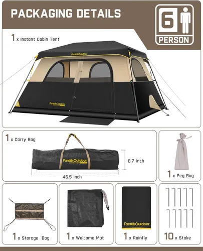 Miniatura 9 de FanttikOutdoor Tienda de campaña instantánea para 6/8/10/12 personas en 60 segundos con lluvia y resistente al viento, portátil, con bolsa