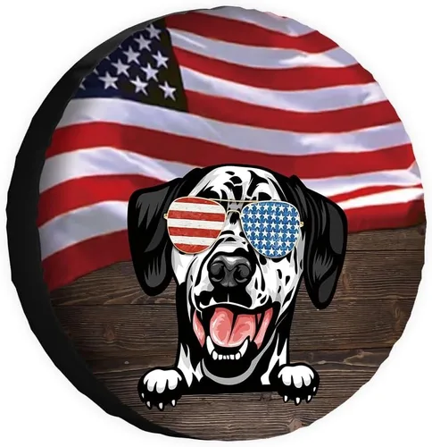 Miniatura 9 de Cubierta de neumático de repuesto para perro salchicha con gafas de sol con bandera de Estados Unidos, fundas protectoras de ruedas a prueba